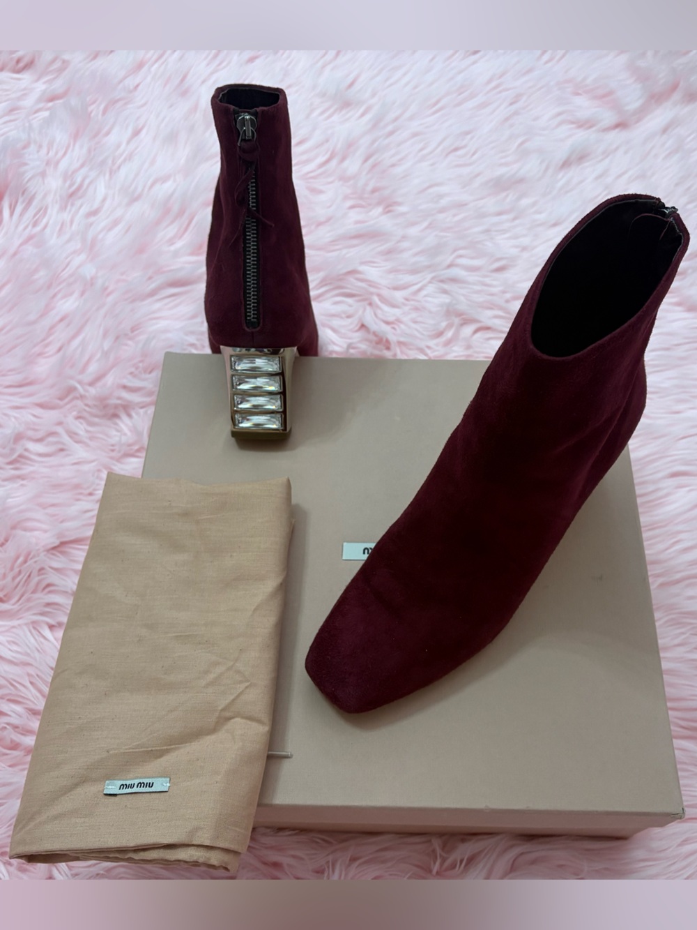 Miu Miu Wine Burgundy Suede Crystal Block Heel Ankle Boots EU 40